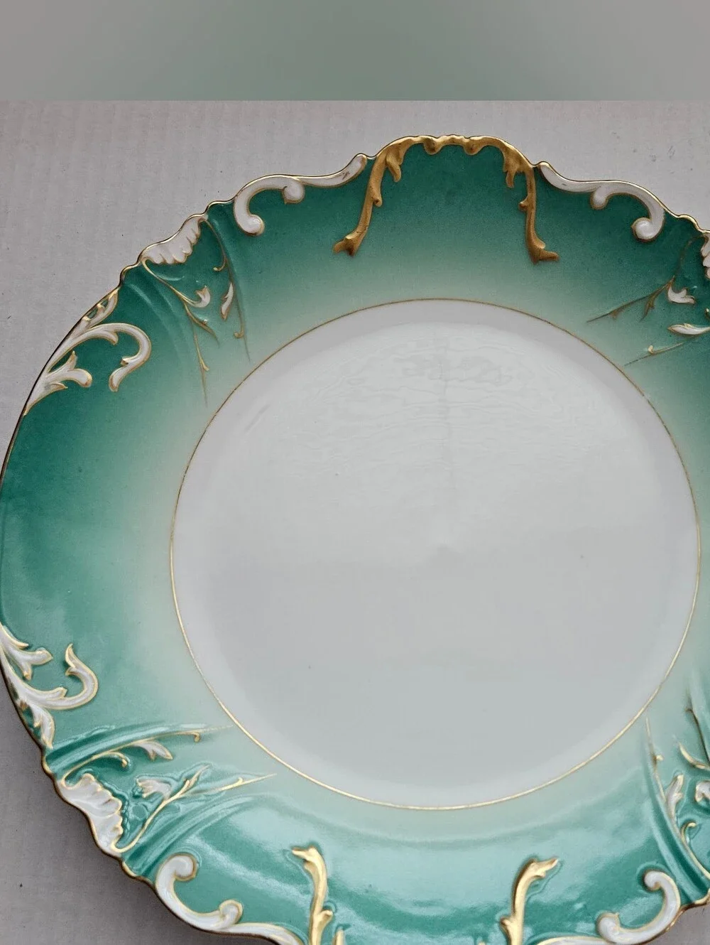 Antique Limoges Decorative Plate Turquoise Green Border And Ornate  Gold Trim